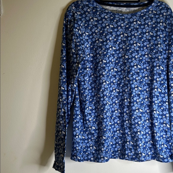 Land’s End crew neck top size M long sleeves blue white floral casual - Picture 3 of 6